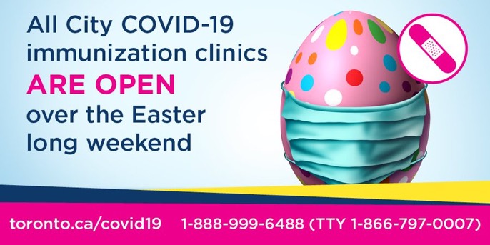 cityoftoronto's tweet photo. Got some free time over Easter weekend? If you are 60 years old or older in 2021, book your #COVID19 vaccination appointment. All City clinics will remain open over Easter weekend to vaccinate as many people as possible. Book: https://t.co/9Unc5FtjZu. https://t.co/1lFfcQxZeq