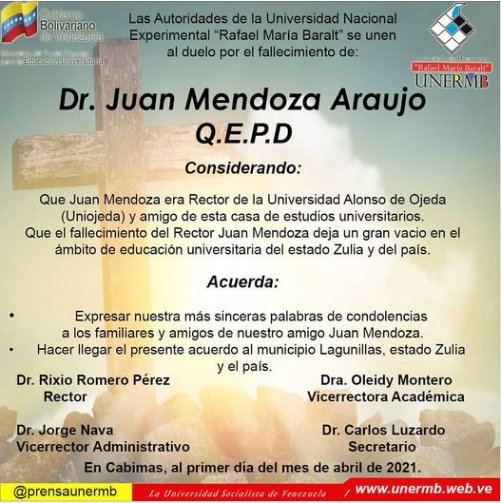 UnermbOjeda's tweet photo. Desde @Unermbojeda Extendemos nuestras Más Grandes Palabras de Solidaridad por la Partida Física del Dr. Juan de Dios Mendoza Araujo Rector de la Universidad Alonso de Ojeda @UNIOJEDA https://t.co/wI7zU8jWjc
