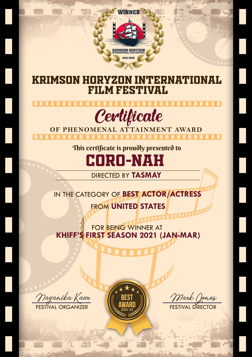 Tasmay17's tweet photo. Thank you @KrimsonHoryzon for the best actor award in CORO-NAH. Feel humbled and encouraged. #bestactor #shortfilm https://t.co/aHhYdn3B5u