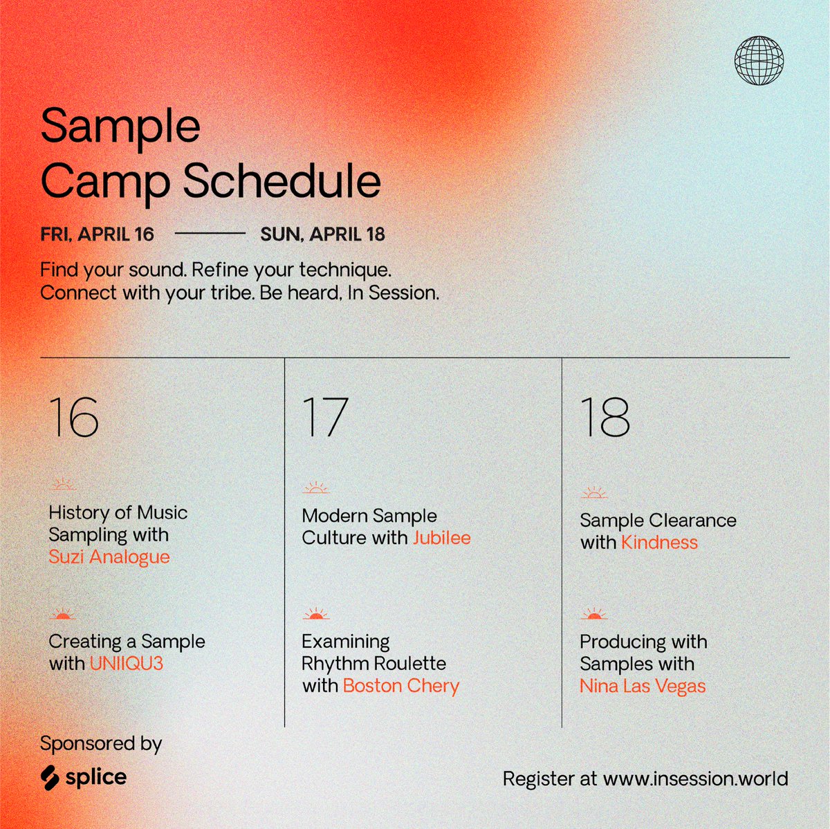 JADALAREIGN's tweet photo. .@insessionworld Sample Camp, April 16-18 for women, non-binary and trans producers of color. All things sampling. Powered by @splice. Register for free at https://t.co/2nAqMLdD6Z https://t.co/0uNbNBZbK6