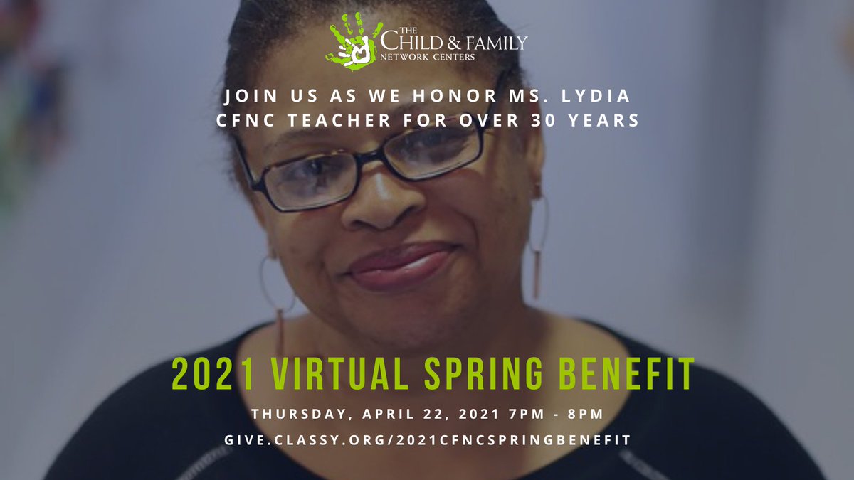 Join us at Virtual Spring Benefit as we honor Ms. Lydia, a veteran CFNC teacher of over 30 years. Hear as she shares her experience working as a preschool teacher. We'll spend our evening of programming on Thursday, April 22 celebrating Ms. Lydia. 

give.classy.org/2021CFNCspring…