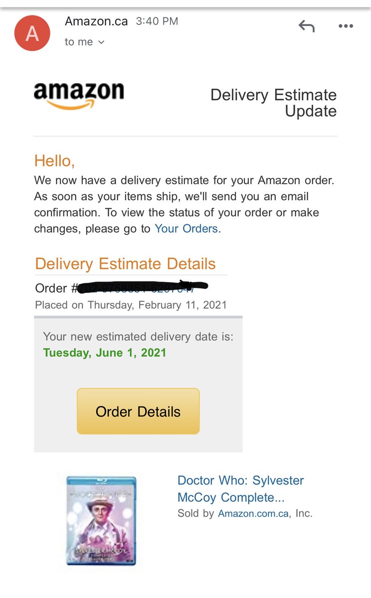 Every day for the past two weeks, Amazon has been sending me an alert that the delivery estimate of the Doctor Who season 24 blu-ray has changed. When they started (on March 16), it was estimating May 17. Now it’s the start of June.
