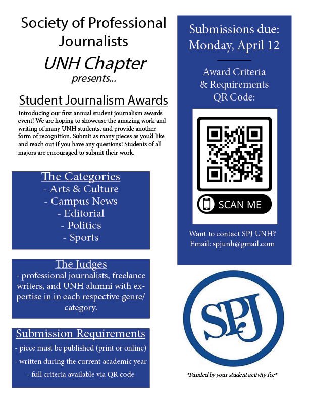 ATTN JOURNALISTS❕For our FIRST UNHSPJ Student Journalism Awards, we’ve invited judges whose expertise falls within each category to review submissions. There’s also the opportunity to win a prize if your work is chosen! Apply now until 4/12 via the QR code ✍️

#unhspj #unh #spj