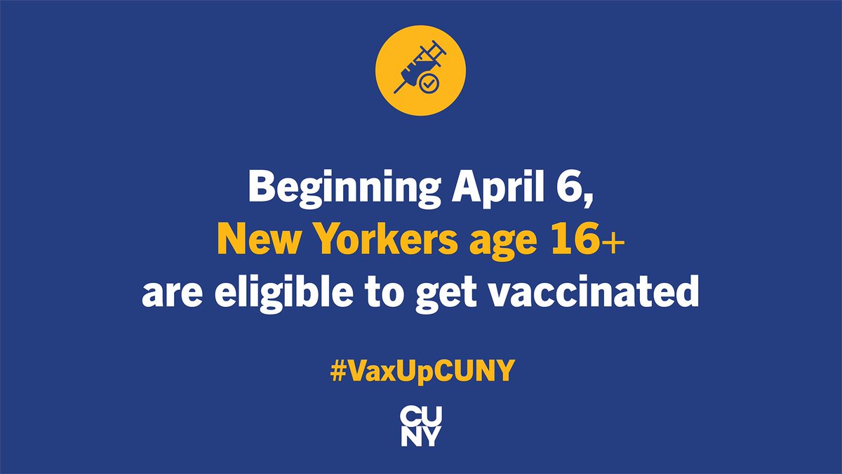 📆 Mark your calendar! 

Starting April 6, all New Yorkers age 16+ will be eligible to schedule and receive the COVID-19 vaccines. Make an appointment as you're able to and let us know why you #VaxUpCUNY: cuny.edu/vaxupcuny