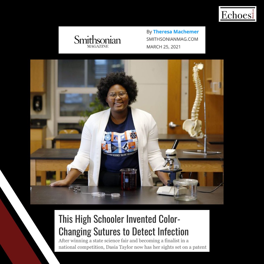 echoesmedia1's tweet photo. New Inventions! 17-year-old student, Dasia Taylor invented suture thread that changes color when a surgical wound becomes infected. In 2021, Taylor was named one of the finalists in the Regeneron Science Talent Search.

#StudentInventors #Medical #ScienceFair https://t.co/6PFX55BIRH