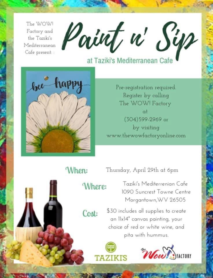 WVTazikis's tweet photo. We’ve teamed up with the @WOWFactoryWV again! Spots are limited. Make sure you sign up for April’s Paint n’ Sip at Taziki’s! 🎨🍷 https://t.co/34EFx3Yaaz