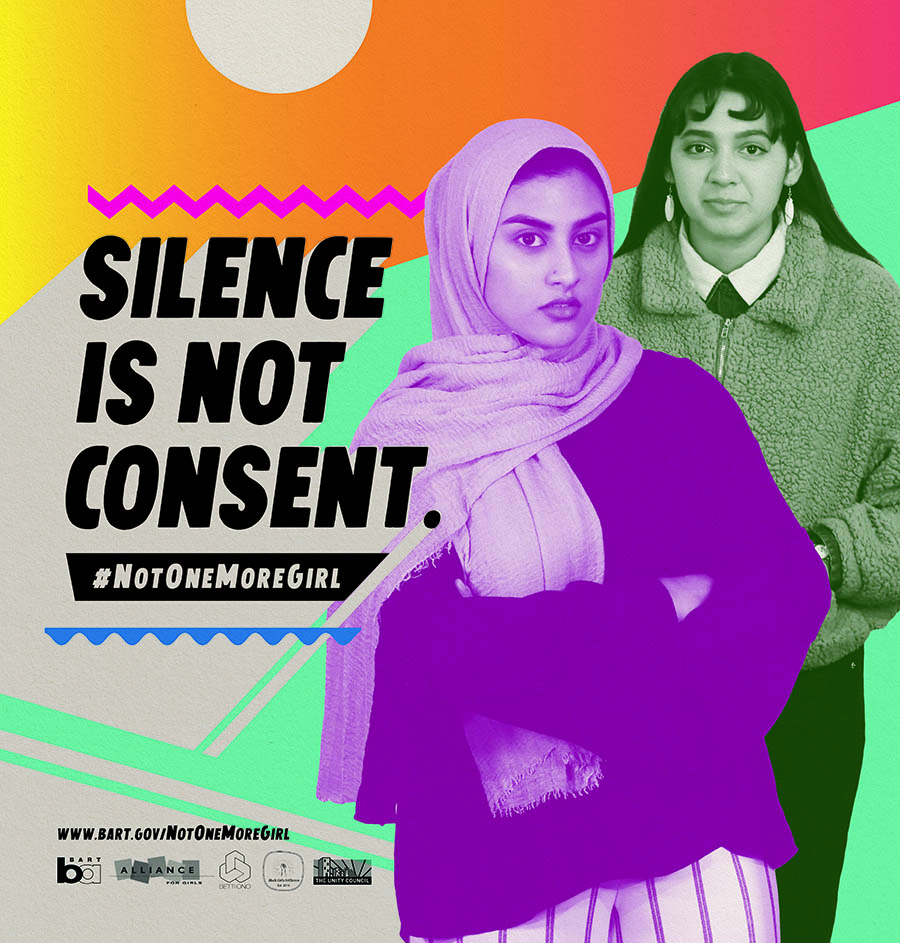 SFBART's tweet photo. #NotOneMoreGirl also focuses on centering youth in public art so they can be seen in their own campaign. 

BART has train car posters, billboards and signs of #NotOneMoreGirl across its system. We thank @bettiono and their lead artist in residence Nitha Sethi for the artwork. https://t.co/ixFgdQsDOb