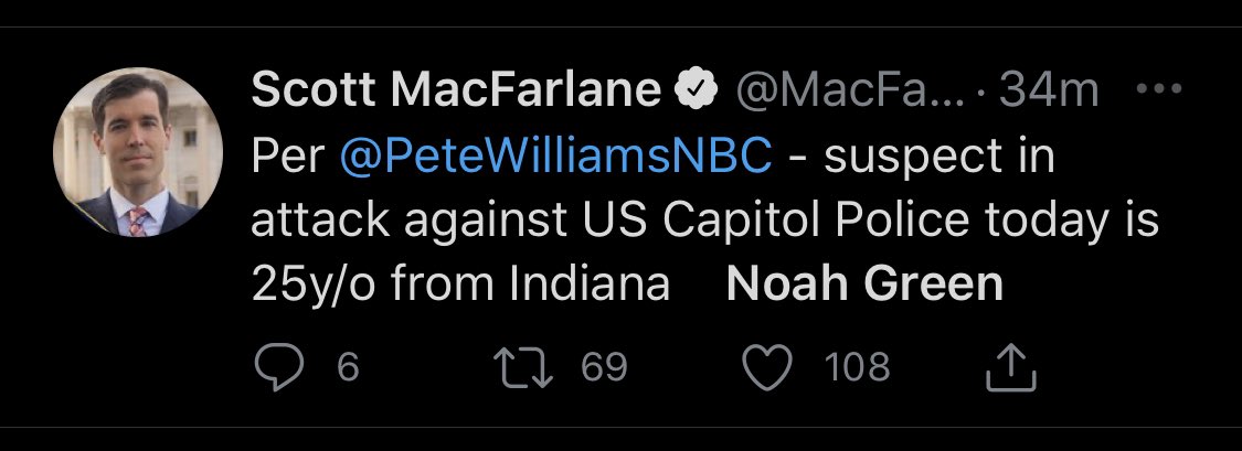 robbystarbuck's tweet photo. The media is only tweeting the Capitol terrorists name "Noah Green from Indiana" without a photo, the fact he attacked on Good Friday or the fact that he’s a rabid follower of Louis Farrakhan + Nation of Islam. Why aren’t they giving the details they’d normally give? 🤔 https://t.co/6wjMn1wgT3
