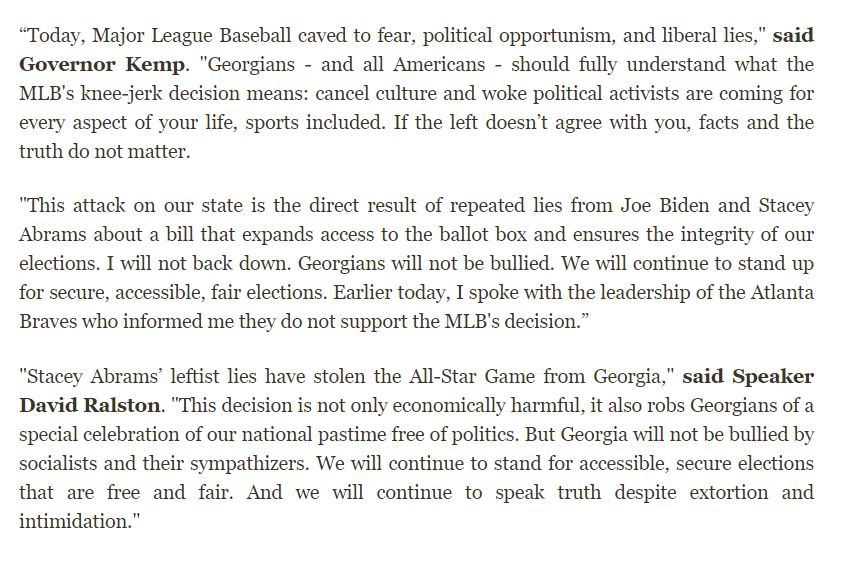 wsbtv's tweet photo. #BREAKING: @GovKemp and House speaker David Ralston release joint statement about @MLB pulling All-Star game from Atlanta: https://t.co/rzuFKWBmYN https://t.co/2ylmtWt8g5