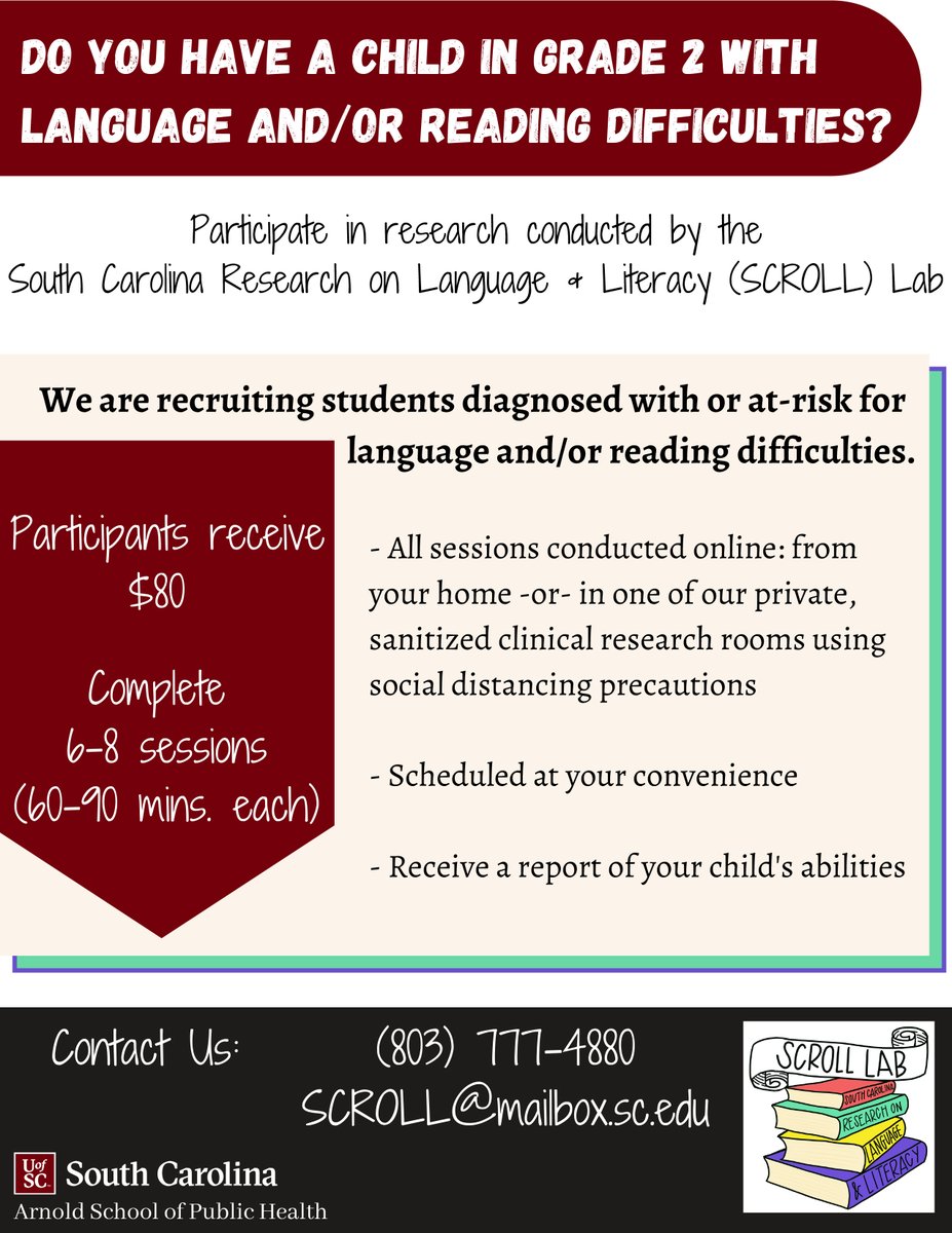 SCSHA_SC's tweet photo. Hello SLPs!

Research Project WORD is seeking participants in Grade 2 from across the U.S. 

For more information, please contact: PI: Dr. Suzanne Adlof or Project Coordinator: Alexis Mitchell (scroll@mailbox.sc.edu; 803-777-4880) https://t.co/t7qa08HPoz