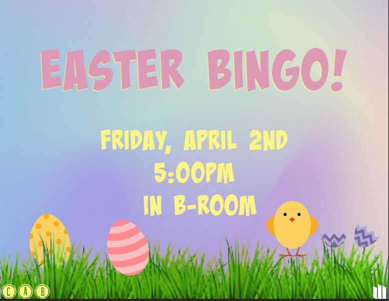 cabwu's tweet photo. DONT MISS OUT ON BINGO TODAY @ 5 IN B-ROOM!!!🐰🐣 https://t.co/Tn2uqInKFh