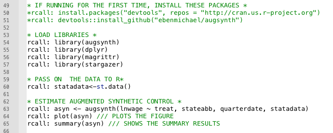 arindube's tweet image. Rcall makes it fairly straightforward to use packages in R for Stata users. I just wanted to demonstrate with an example of the new Augmented Synthetic Control approach of Ben-Michael, Feller, and 
@rothstein_jesse, arxiv.org/abs/1811.04170 
Here's the bit of Stata code to run it.