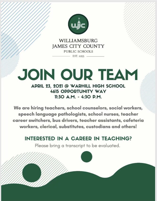 WJCCJobs's tweet photo. Exciting opportunities in WJCC...Job Fair-April 23 from 11:30-4:30 @WJCCSupt  @WJCCSchools https://t.co/ozsJ5vUzNX