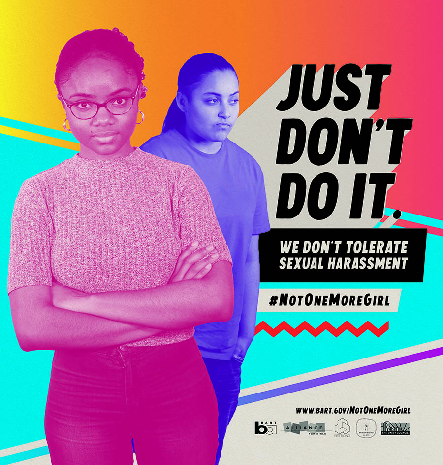 SFBART's tweet photo. #NotOneMoreGirl also focuses on centering youth in public art so they can be seen in their own campaign. 

BART has train car posters, billboards and signs of #NotOneMoreGirl across its system. We thank @bettiono and their lead artist in residence Nitha Sethi for the artwork. https://t.co/ixFgdQsDOb