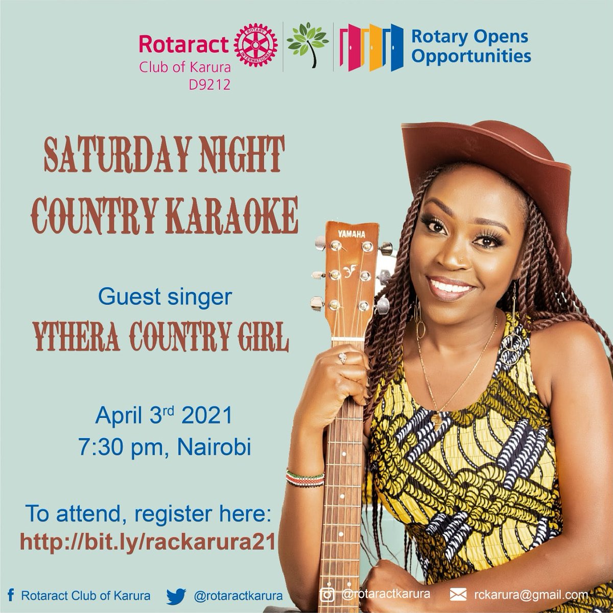 michaelnesh's tweet photo. For the lovers of Country music, the Rotaract Club of Karura present to you an online country music Karaoke. Gracing the occasion is the very talented Ythera Cowgirl. More details on the poster. https://t.co/hOGzkBBfhh