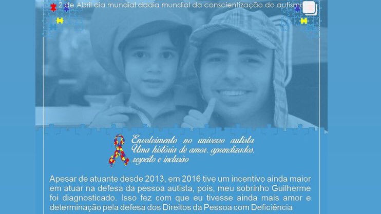 Tom_Stv's tweet image. Atuante desde 2013, em 2016 tive um incentivo ainda maior em atuar na defesa da pessoa autista, pois, meu sobrinho Guilherme foi diagnosticado. Isso fez com que eu tivesse ainda mais amor e determinação pela defesa dos Direitos da Pessoa com Deficiência! #02Abrl #Austimo
