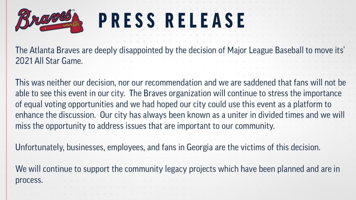NEW THIS AFTERNOON: MLB Yanks All-Star Game from Atlanta due to backlash over Georgia's New Voter law.
Atlanta Braves not happy about the move.
See attached for the <a href="/MLB/">MLB</a> letter, and the response from GA's Governor, and the Braves.