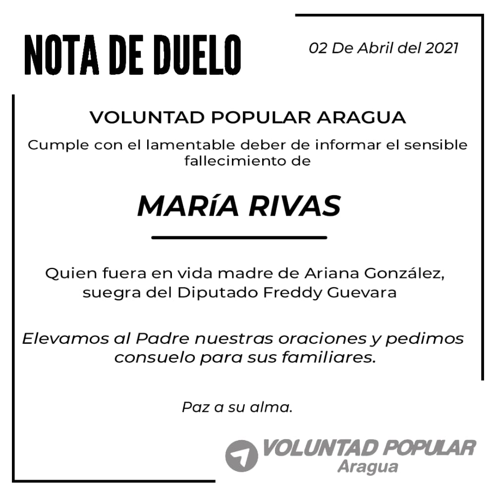 aragua_vpa's tweet photo. Expresamos nuestras sentidas palabras de condolencias a nuestro hermano @FreddyGuevaraC  por el sensible fallecimiento de María Rivas, quien fue en vida su Suegra.

Fortalezas para toda su familia 

🙏🖤 https://t.co/H7B7uGgmZS