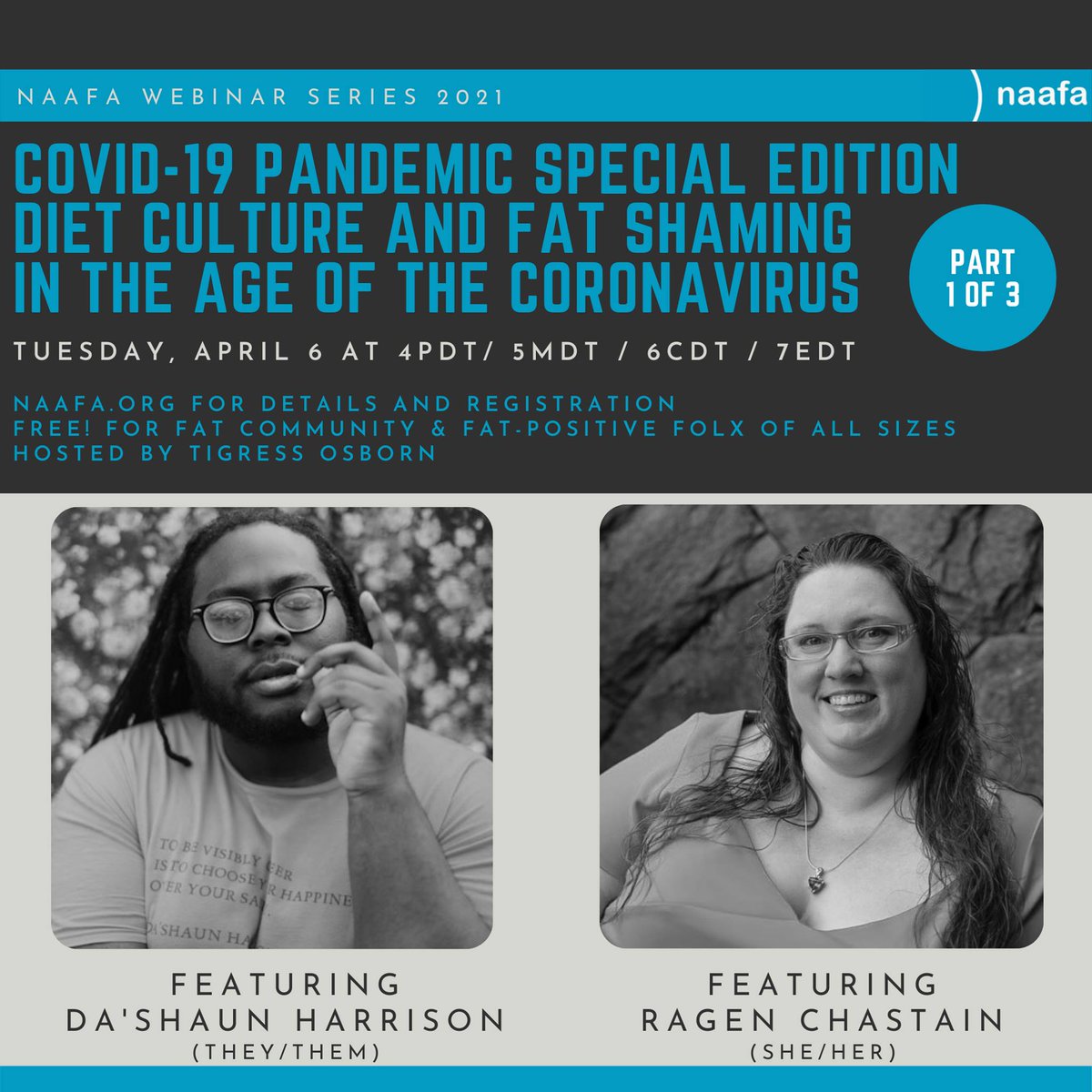 Going down on Tues, 4/6! @NAAFA_Official #webinar series to feature the amazing <a href="/DaShaunLH/">da’shaun | they/them</a> and <a href="/danceswithfat/">Ragen Chastain (she/her)</a> chatting with <a href="/iofthetigress/">Tigress</a> about #dietculture #fatshaming during #COVID19 #pandemic 

facebook.com/EqualityAtEver…