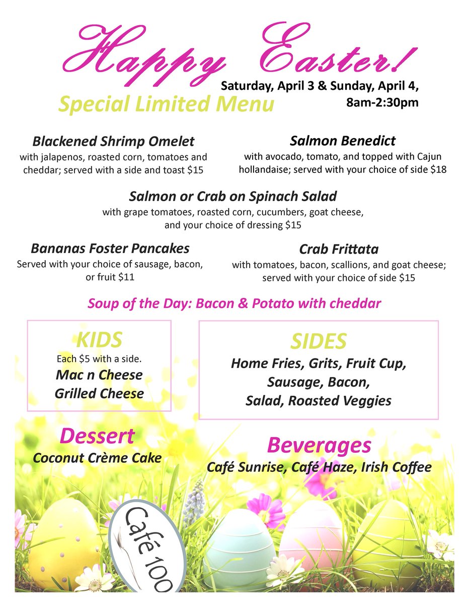 Cafe_100's tweet photo. Happy Easter! We’ll be serving from a special limited menu all weekend.

#Dinein or call 704-274-5932 for #takeout.

#breakfast #brunch #lunch #dessert #drinks https://t.co/j3l76tLB7y