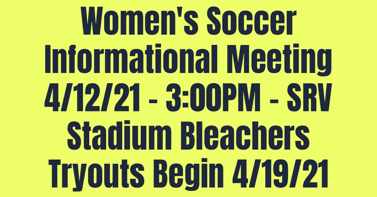 💚💛⚽️ SRV Women's Soccer Informational Meeting - 4/12/21 - 3:00PM - SRV Stadium Bleachers! 
SRV Women’s Soccer 2020-21 season starts on April 19th! Visit srvwsoccer.com for important dates and tryout details. 💚💛⚽️
<a href="/srvathboosters/">SRV Ath Boosters</a> <a href="/ScarpAD_SRV/">Peter Scarpelli</a>