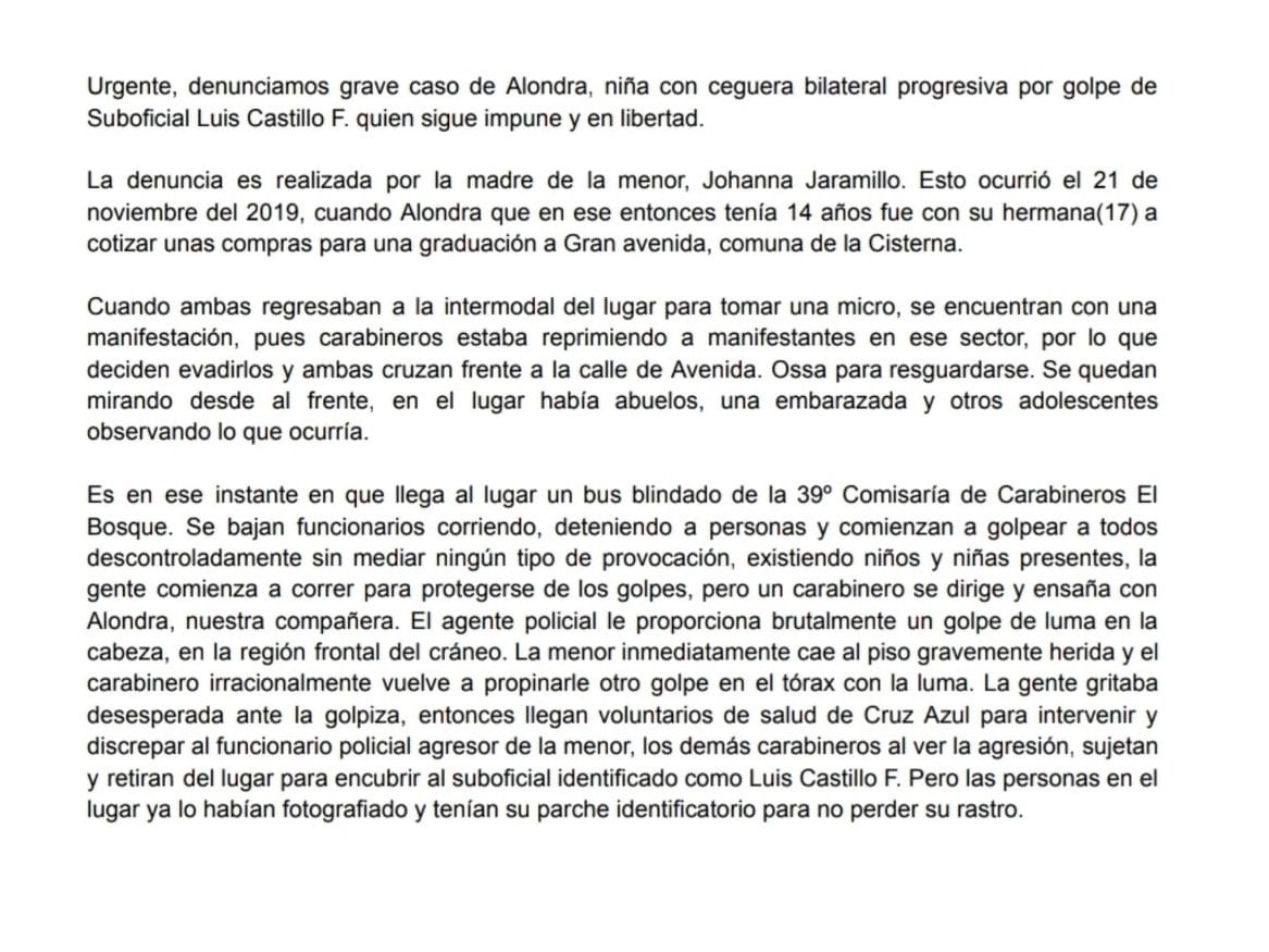 🔴[URGENTE DIFUNDIR] Denunciamos grave caso de Alondra, niña con ceguera bilateral progresiva por golpe de Suboficial Luis Castillo F. quien sigue impune y en libertad.
