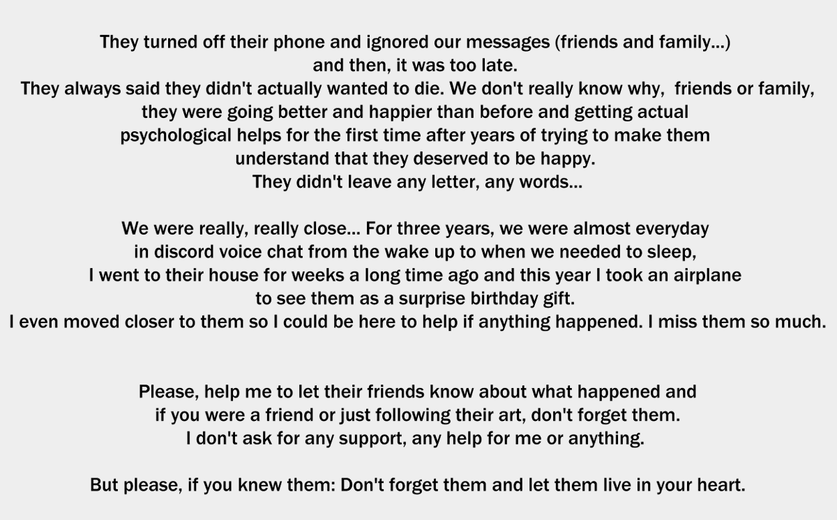 KumoboshiYoi's tweet photo. Hello, it's really important so please read, it was really hard for me both to write and post this.

My dear friend @KawasuYokune died, a few days ago...

The only thing I ask you is... To not forget them... To not let them disappear...

Sorry if I don't reply much... https://t.co/u0EhUdENKz