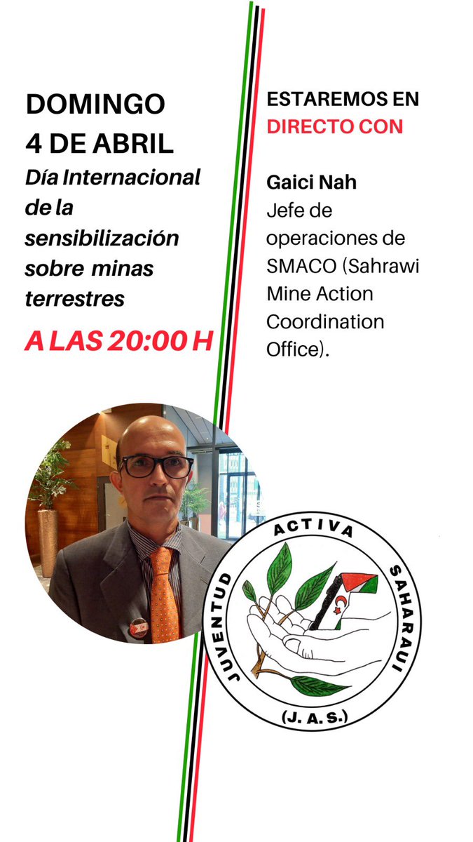 stopminas's tweet photo. 🔴 Este domingo 4 abril a las 20 h. desde la página de instagram JUVENTUD ACTIVA SAHARAUI hablamos del Día Internacional para la sensibilización sobre el riesgo de las minas con Gaici Nah y Marta Serrano
‼️NO TE LO PIERDAS‼️ 
#StopMinas 
#SaharaLibre 
#minefreewesternsahara2025 https://t.co/jYgywMkneW
