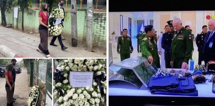 ZinLinAung1992's tweet photo. we only learn who the true ones are.U.S Ambassador Thomas Vajda laid a wreath for a young protester died in front of a school on February 28, 2021. At the same time, the Russian Deputy Defense Minister met with Nation Thief, Min Aung Hlaing. #ShameOnYouRussia https://t.co/ezgfoVahaA