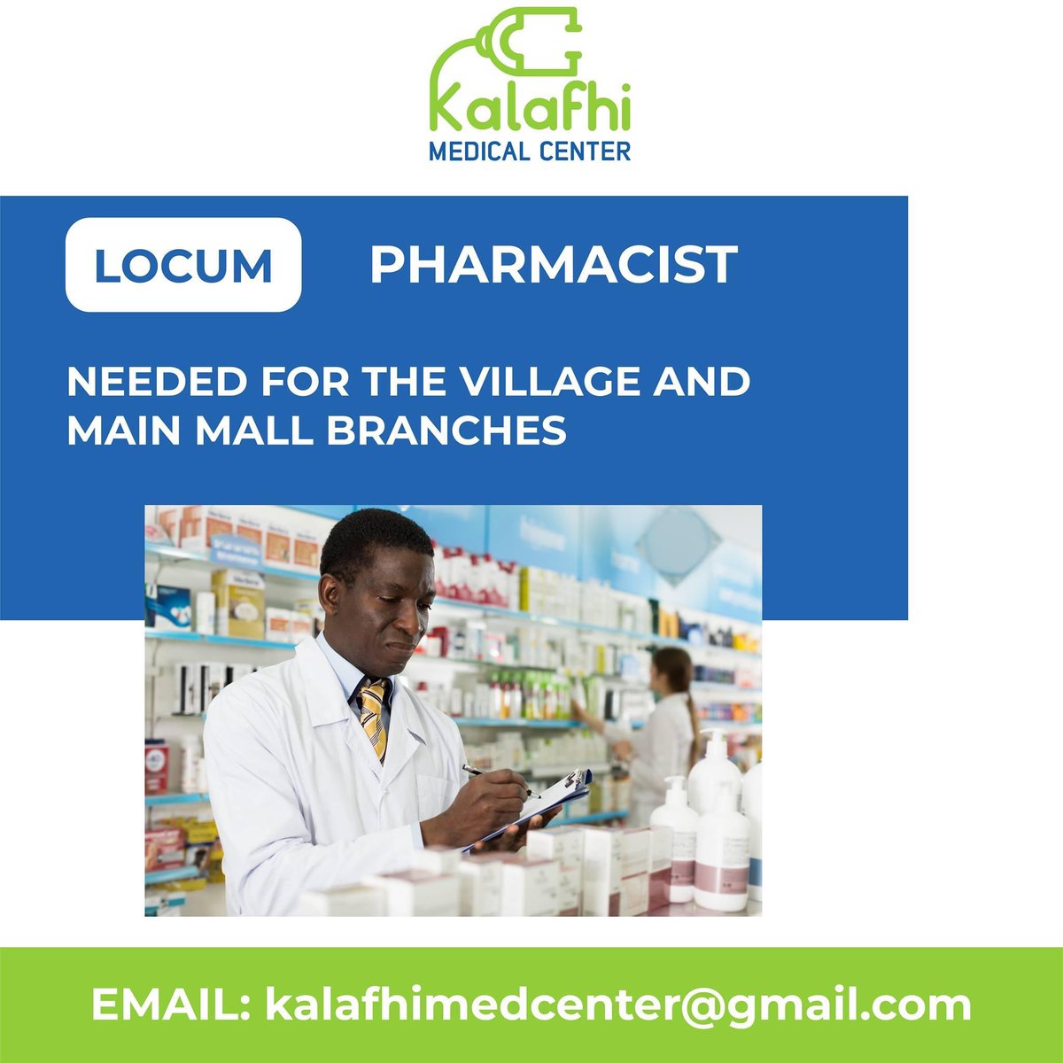 kalafhimedical's tweet photo. Locum pharmacy technician needed at both Village and Main Mall branches. Please email CV to kalafhimedcenter@gmail.com

#EmploymentAlertBw https://t.co/RN7dvHnIN2
