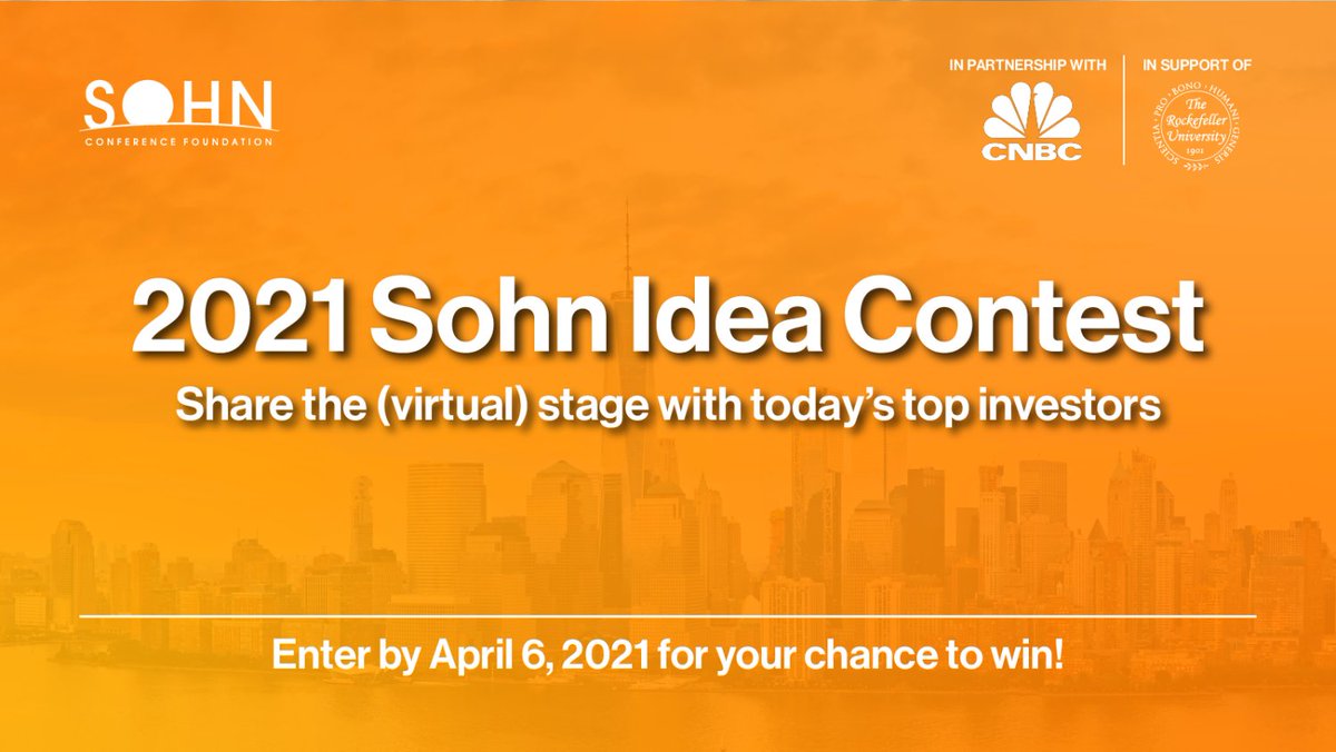 CNBC's tweet photo. The 2021 Sohn Idea Contest is open until April 6. Submit your best investment pick to this year’s judges: Bill Ackman, Feroz Dewan, Kelly Granat, Seth Klarman &amp; Dan Sundheim. https://t.co/SOMDj0z6cT https://t.co/coErC4nvzO