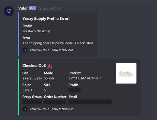 @ValorAIO always comes through, working out some bugs, constant with the success. Someone got a nice surprise this morning in @cruiseaco Bot @ValorAIO Proxies @Slash_Proxies @StrainProxies_ @ProxyHeavenio @ZenuProxies @ThroneProxies Server @HyperKVM CG @notify @BounceSoftware