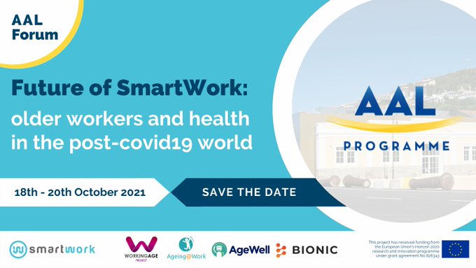 ECHAlliance's tweet photo. 📢Want to learn about #HealthyFutureWork? Then mark this👇🏽 on your calendar!
🗓️ 18 -20 October
@SmartWorkEU will organise the workshop "Future of #SmartWork: older workers and #health in the post #covid19 world" during the #AALForum by
@AALProgramme https://t.co/LR2fjelpaS