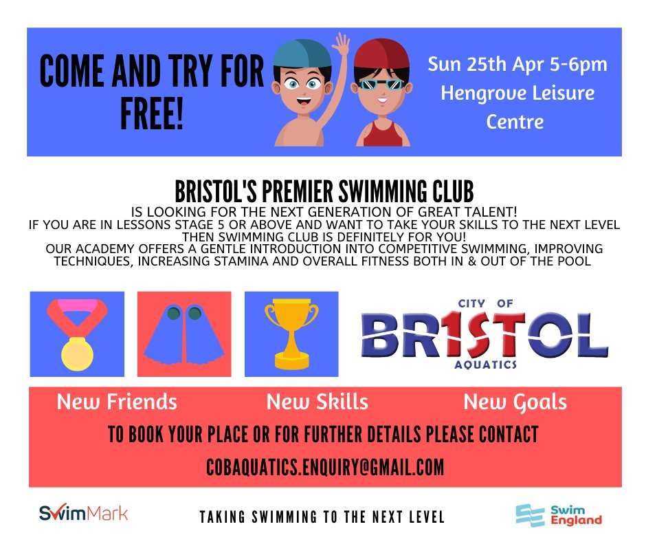 Looking to try something new? 
Enjoy swimming?
Why not join the City of Bristol Aquatics? 
Limited spaces available in our Academy Squads from April 12th, contact us today to book a FREE trial!
