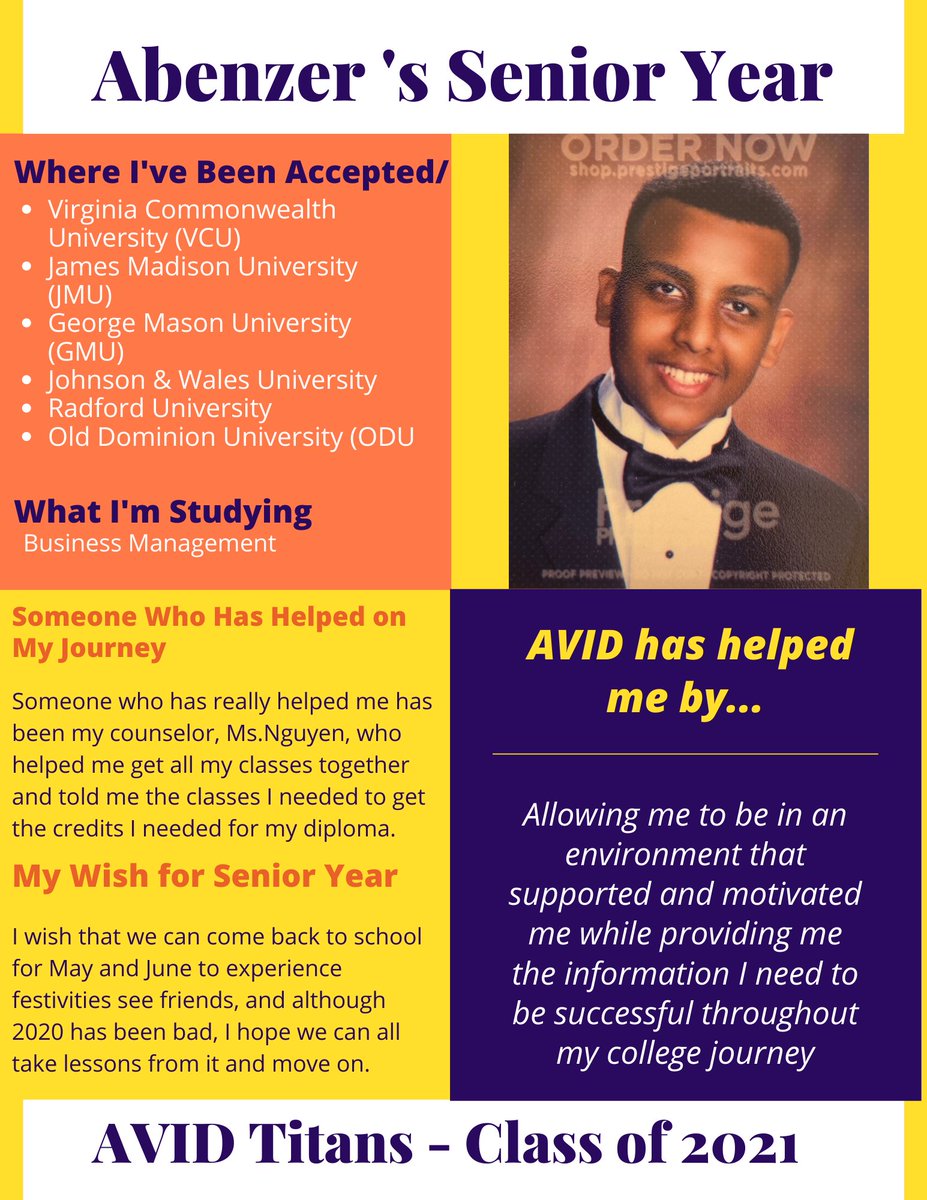 TCW_AVID's tweet photo. Abenzer T. used his resources in AVID and the @TCW_Counseling team to help him secure multiple acceptances and stay on track for graduation! #ThisisAVID #TitansRising #Classof2021 https://t.co/HTER6XYjCs