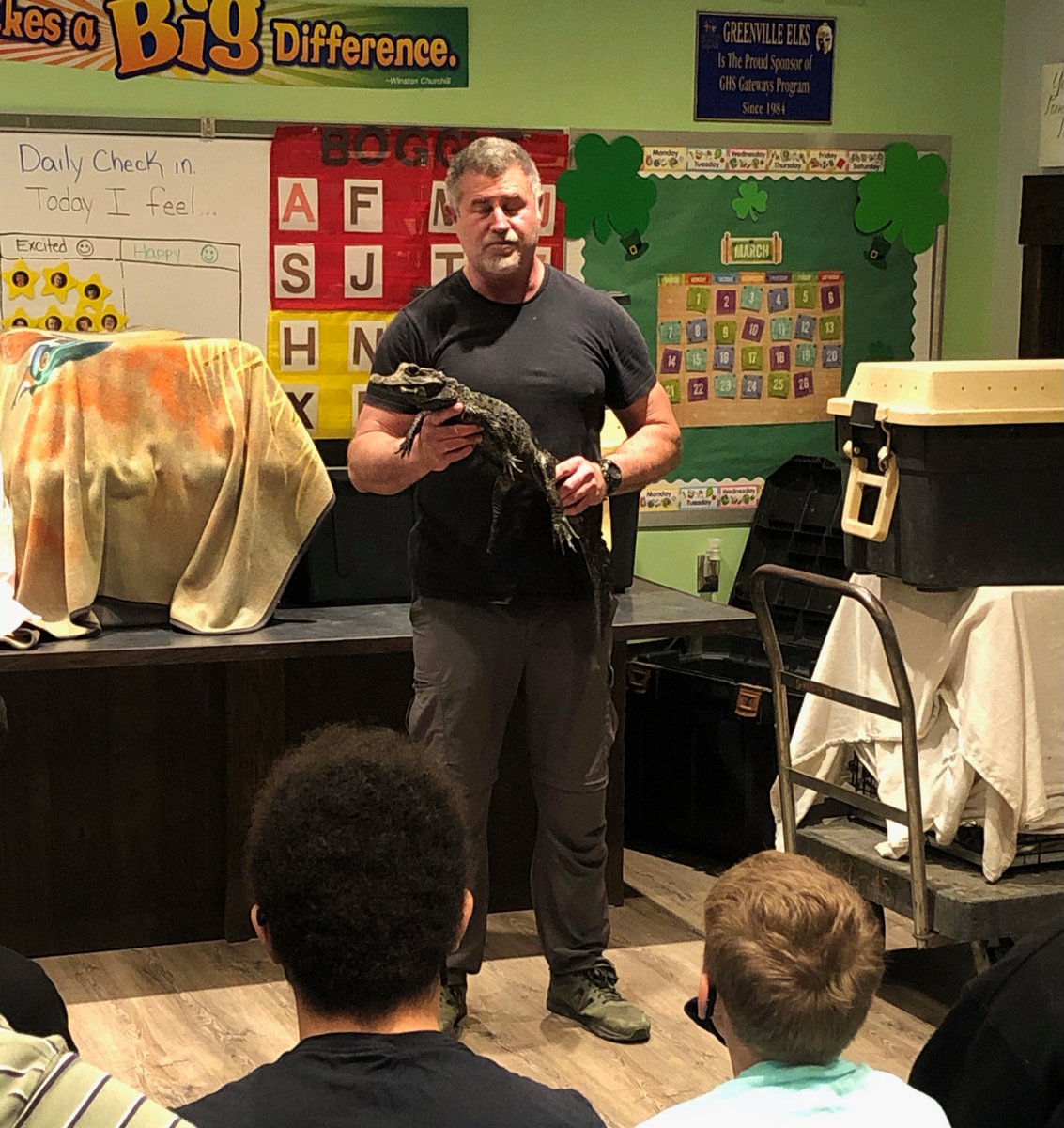 Mr. Grant Kemmerer from Wild World of Animals shares information on his two friends (Blood Python and Miniature Crocodile) with GHS students on 3/26/21.