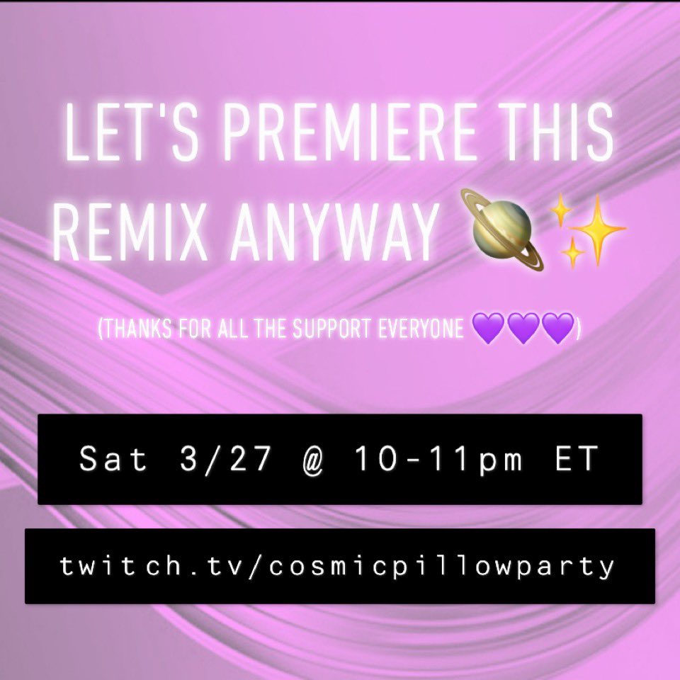 cosmic_pillow's tweet photo. New remixes, good vibes, &amp; shiny sounds. Let's go 🪐💤🥳

#futurebass #edm #electronicmusic #future #futuretrap #dancemusic #popmusic #livestream #dj #housemusic #trap #prettymusic #rave #festival #musicfestival #stressrelief #twitch #twitchstreamer #soundcloud https://t.co/XwrYgN3lgd