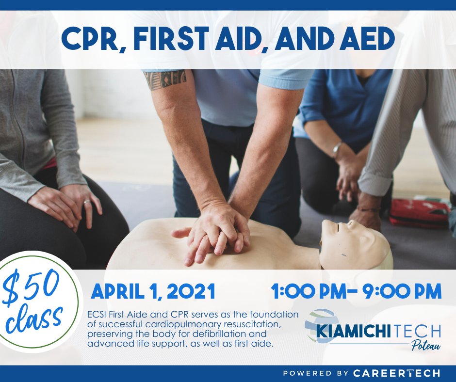 CPR, First Aid, and AED class offered on April 1, 2021 from 1:00PM - 9:00PM. Click on the link below to register.

careertechweb.org/poteau/course_…