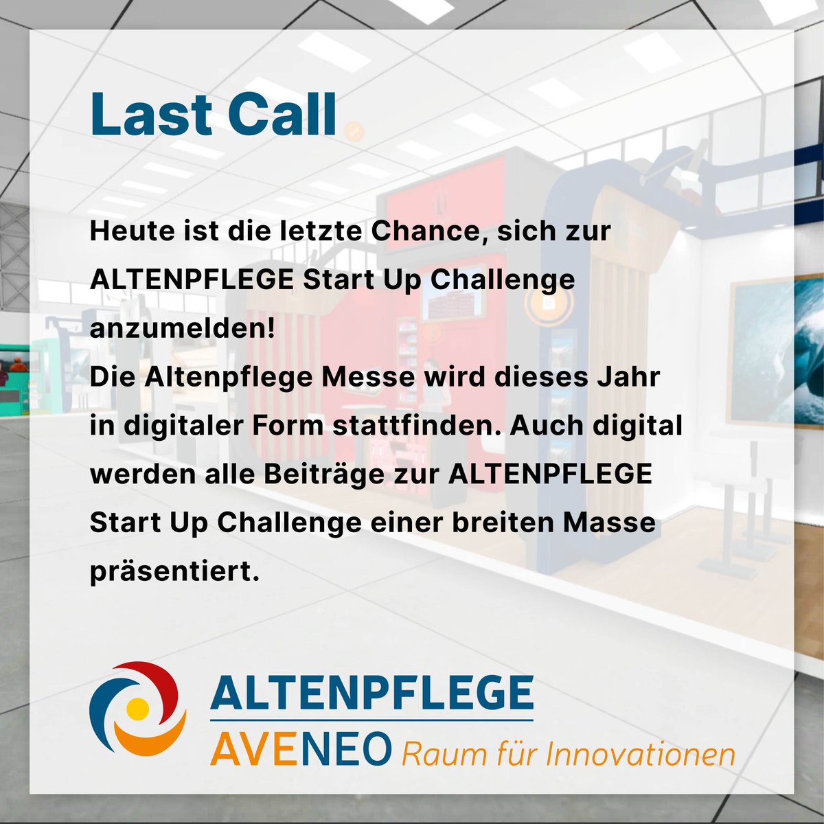 design_tb's tweet photo. LAST CALL!

Join the ALTENPFLEGE Challenge via https://t.co/V6WDlCrbc8

Anmeldefrist / Application date: 26.03.2021

#universaldesign
#aveneo
#altenpflege
#altenpflegemesse
#health
#care https://t.co/mNOjLzpsqt