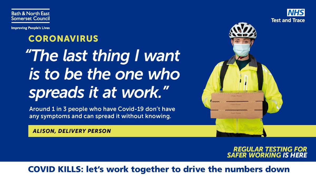 Live or work in Bath and North East Somerset?

Book yourself a QUICK, FREE and EASY Covid-19 test at one of our three sites in Bath, Keynsham or Midsomer Norton: bathnes.gov.uk/rapidtest

Keep your family and workmates safe and drive the case numbers down.