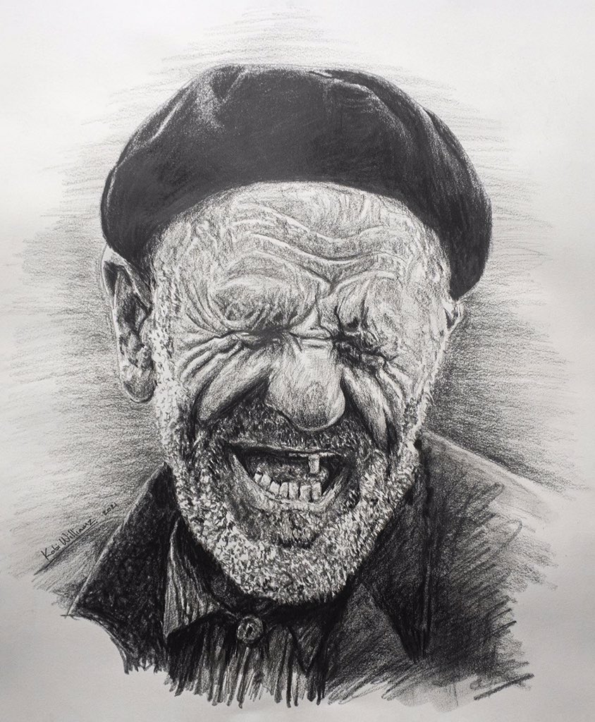 KobiWilliamz's tweet photo. It is not how much we have, but how much we enjoy, that makes happiness. 

Title: Happy Old Man 
Art by Kobi Williamz 
Size: 14x17 inches 
Drawing: Charcoal on paper
Status: Available https://t.co/hmNNy83Xd2