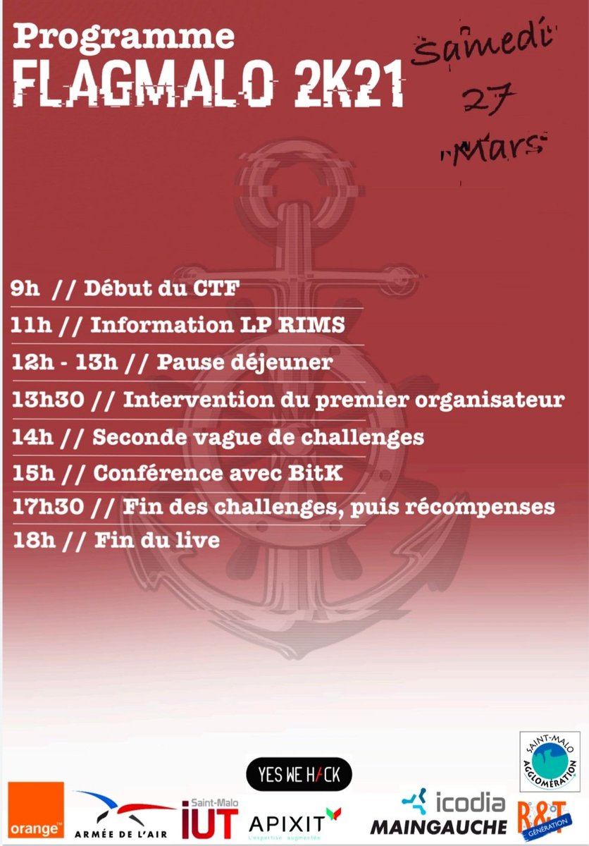 Flag’Malo (@ctf_flagmalo) on Twitter photo Bonjour tout le monde
Ça y est : J-1 !! Voici de programme de la journée de demain. Durant toute la journée nous serons en live sur YouTube. Voici le lien : flagmalo.fr/live.html
<a href="/orange/">Orange</a> <a href="/SaintMaloAgglo/">StMalo Agglomération</a> <a href="/IUTSAINTMALO/">IUT Saint-Malo</a> <a href="/icodia/">ICODIA</a> <a href="/yeswehack/">YesWeHack ⠵</a> <a href="/Armee_de_lair/">Armée de l'Air et de l'Espace</a> <a href="/Main_Gauche/">Main Gauche</a> @APIXIT_FRANCE Bonjour tout le monde
Ça y est : J-1 !! Voici de programme de la journée de demain. Durant toute la journée nous serons en live sur YouTube. Voici le lien : flagmalo.fr/live.html
<a href="/orange/">Orange</a> <a href="/SaintMaloAgglo/">StMalo Agglomération</a> <a href="/IUTSAINTMALO/">IUT Saint-Malo</a> <a href="/icodia/">ICODIA</a> <a href="/yeswehack/">YesWeHack ⠵</a> <a href="/Armee_de_lair/">Armée de l'Air et de l'Espace</a> <a href="/Main_Gauche/">Main Gauche</a> @APIXIT_FRANCE