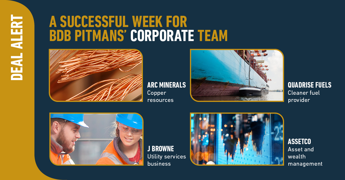 BDBpitmans's tweet photo. It has been a particularly busy week for our #corporate team with the completion of four deals across a wide range of sectors
@ArcMinerals @QFIPLC @JBrowneGroup #AssetCo https://t.co/hSeEXRKJ6Y