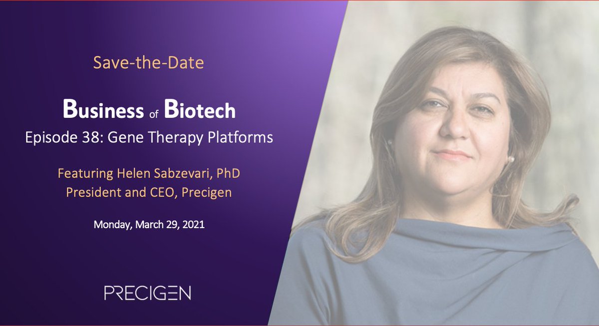 Tune on Monday, March 29, 2021, for the #businessofbiotech #podcast. #Precigen's Helen Sabzevari joins <a href="/mattpillar/">Matthew Pillar</a> to discuss changing the CAR-T complexity paradigm with an overnight manufacturing process to affect patients in urgent need of timely therapy. $PGEN