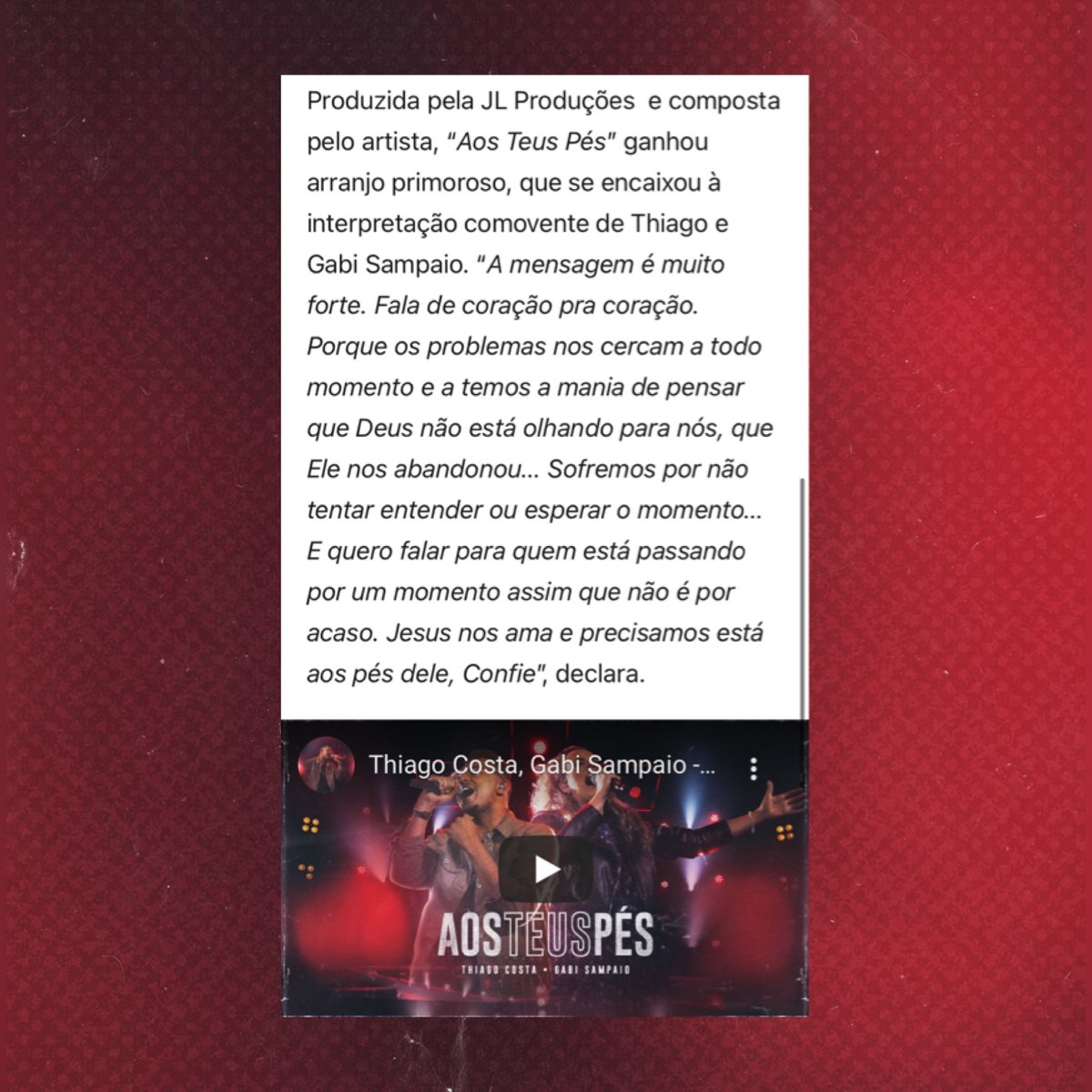 TC_CostaThiago's tweet photo. Obrigado, meu Deus, por esse lançamento! Emocionado com a repercussão e com as mensagens que venho recebendo. Feliz em saber que “Aos Teus Pés” está tocando os corações de vocês ❤
#AosTeusPés #ELEeu #Gospel #Worship #GabiSampaio #ThiagoCosta https://t.co/WTxkVEWPfK