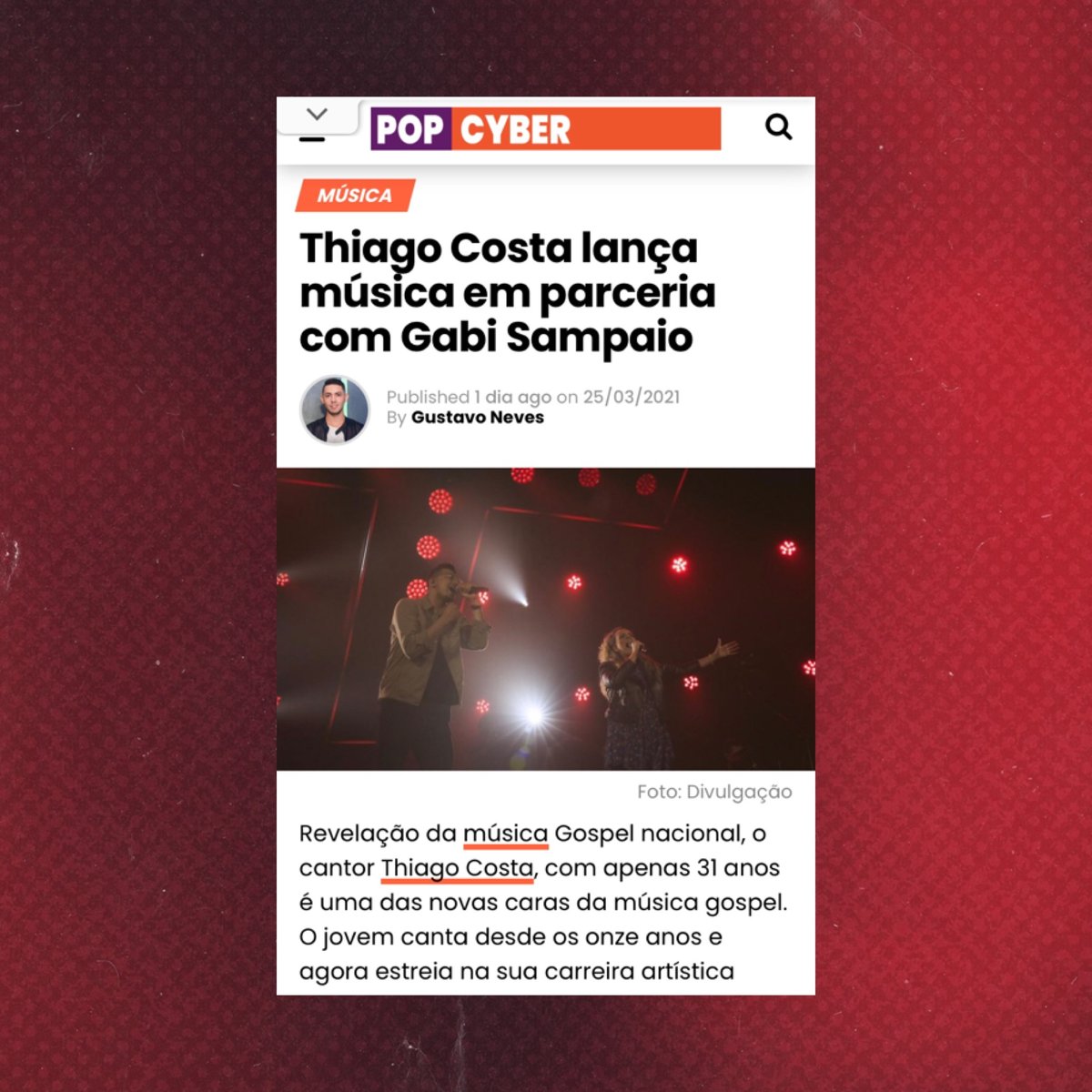 TC_CostaThiago's tweet photo. Obrigado, meu Deus, por esse lançamento! Emocionado com a repercussão e com as mensagens que venho recebendo. Feliz em saber que “Aos Teus Pés” está tocando os corações de vocês ❤
#AosTeusPés #ELEeu #Gospel #Worship #GabiSampaio #ThiagoCosta https://t.co/WTxkVEWPfK