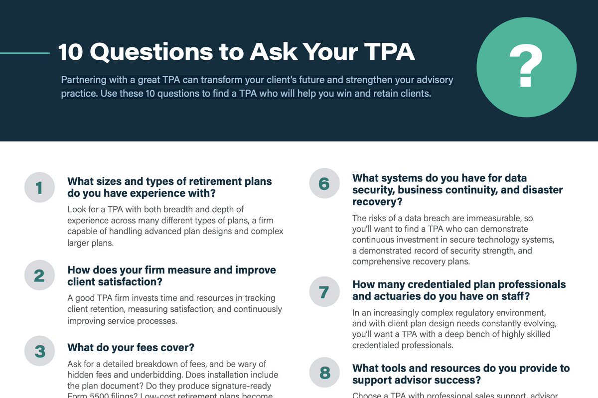 How can TPAs help advisors grow their retirement practices and increase client retention? We've got 10 great questions you should be asking, download them here and check out our helpful tips on benchmarking TPA services: futureplan.com/resources/news…