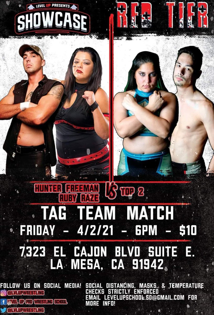 TyWilliams_pro's tweet photo. Matches to expect @lvlupwrestling #Showcase #RedTier

"It's a tag team match, playa!"

Top 2 v. @SoCalRRedneck &amp; @Razerpops
Sign up for #iwtv w/ code LEVELUP to catch up on all the action

#sandiego #levelup #prowrestling #supportindependentprowrestling #California #live #tagteam https://t.co/cwgvIF9VQC