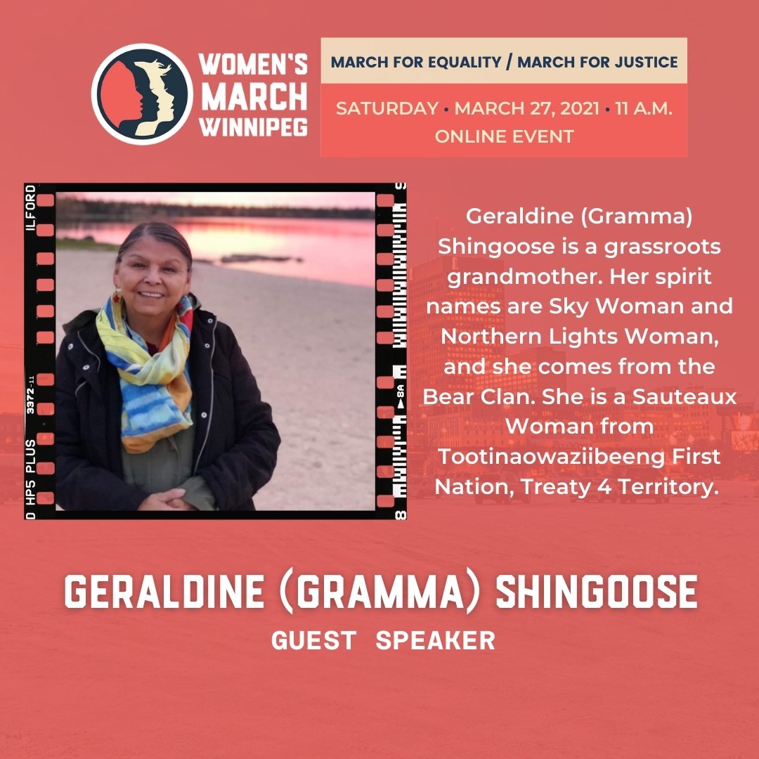 WinnipegMarch's tweet photo. Meet our first speaker: Geraldine 'Gramma' Shingoose https://t.co/GwwECRw3Qu
