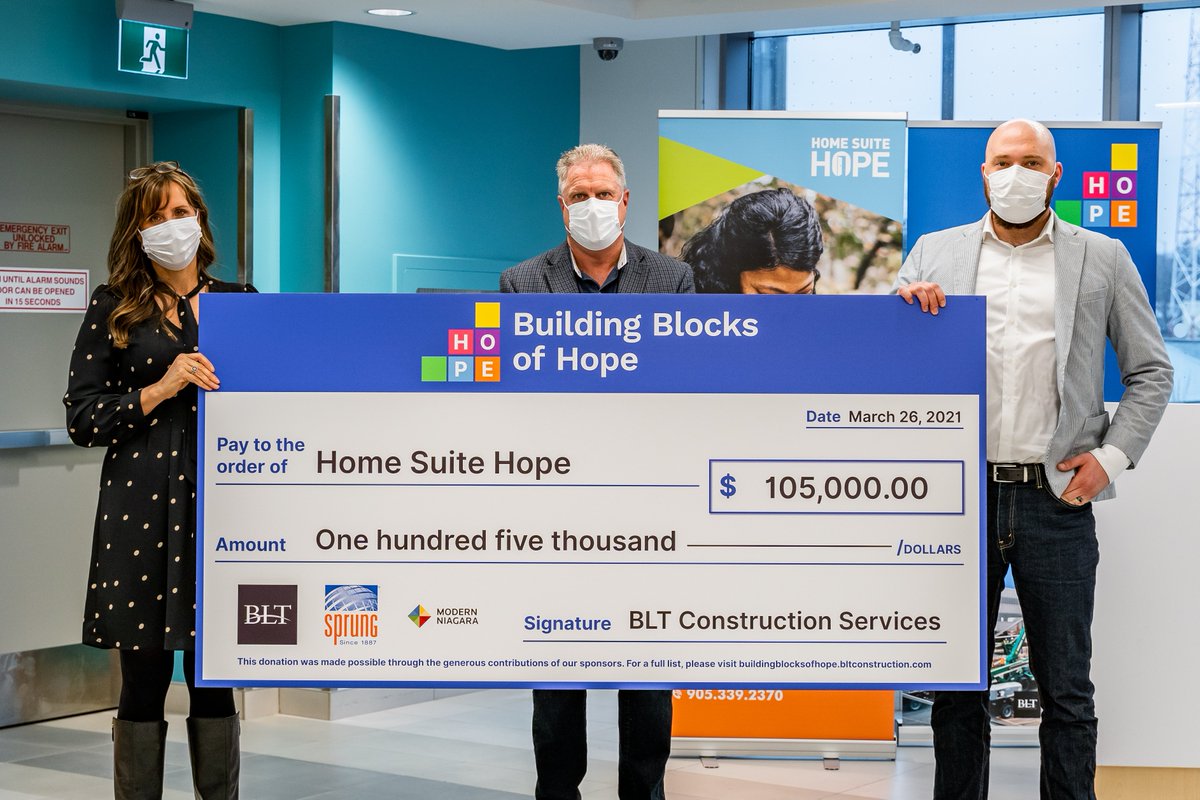 burlingtoncofc's tweet photo. This morning, Chamber member @_HomeSuiteHope, received a $105,000 grant as part of @BLT_Built's Building Blocks of Hope Pandemic Relief Fundraising Campaign to support Canadian charities that provide resources and access to housing for people experiencing homelessness. https://t.co/Y2ql2qnjxK